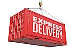 Express Delivery - Red Cargo Container hoisted by hook,Isolated on White Background.