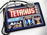 Tetanus - Diagnosis on the Display of Medical Tablet and a Black Stethoscope on White Background.