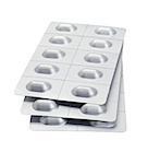 Stack Of Medicine In Blister Packs On White Background