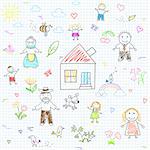Vector seamless background with happy family. Sketch on notebook page