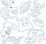 Vector set of aliens and monsters. Sketch on notebook page
