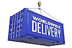 Worldwide Delivery - Blue Cargo Container Hoisted by Hook, Isolated on White Background.