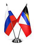 Russia, Antigua and Barbuda  - Miniature Flags Isolated on White Background.