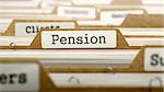 Pension Concept. Word on Folder Register of Card Index. Selective Focus.