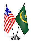 USA and Mauritania - Miniature Flags Isolated on White Background.