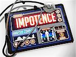 Impotence - Diagnosis on the Display of Medical Tablet and a Black Stethoscope on White Background.