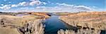 aerial panorama of Horsetooth Reservoir near Fort Collins, Colorado, early spring scenery with high water level