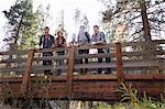 Portrait of five young adult friends on wooden bridge in forest, Los Angeles, California, USA