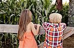 Rear view of boy and girl leaning against field fence