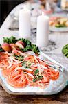 Smoked salmon on serving dish