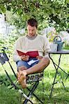 Man reading book in garden