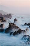 The Pacific Ocean coastline, with waves crashing against the shore.