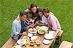 Family and friends huddle for group picnic photo