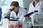 Scientist looking through microscope in laboratory