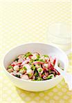 Scallop Ceviche with radish, purple onion and cilantro, studio shot on yellow background