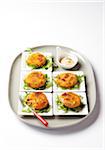 Individual potions of tuna cakes with arugul and dip on a platter, studio shot on white background