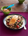 Baked Salmon with grain side dish with fork on plate and bowl of dipping sauce, studio shot