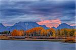 Oxbow Bend on Snake River with Mount Moran in Autumn at Sunset, Grand Teton Mountains, Grand Teton National Park, Jackson, Wyoming, USA