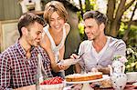 Group of friends enjoying garden party, young woman holding plate with dessert