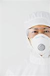 Young Japanese man in a protective suit