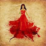 Illustration of red haired woman with elegant dress melting in red paint grunge background.