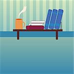 Vector illustration of Bookshelf with books and cup of hot tea in style flat