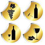 Wine icons on golden round stickers with curved corner