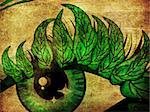 Female eye with green leaves lashes on grunge background.
