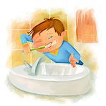 Boy brushing his teeth in the bathroom. hygienic procedure