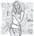 Love concept. Vector Sketch, comics style cute woman shows well done, against background with love story elements