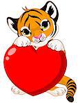 Valentine day illustration of cute tiger cub holding heart