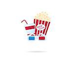 Cinema industry symbols. Pop corn, 3d glasses and paper cup