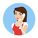 Female smiling call centre operator with telephone. Round blue icon