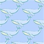 Sketch cute whalel in vintage style, vector seamless pattern