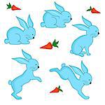 Set of five blue Easter Bunnies with carrots isolated over white background, vector illustration
