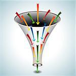 An image of a 3d funnel icon with merging arrows.