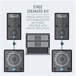 vector colored flat design loudspeakers kit satellites on stands with subwoofer and amplifiers rack illustration