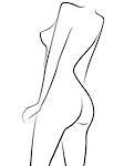Abstract female half turn back outline, black over white hand drawing vector artwork