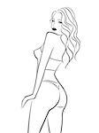 Abstract outline female stands half turn back in bikini, black over white hand drawing vector artwork