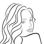 Abstract outline female half turn portrait, black over white hand drawing vector artwork