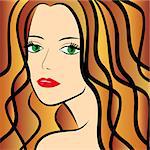 Abstract female half turn portrait with chestnut hair, colorful hand drawing vector artwork