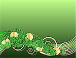 Patricks Day card with clovers and golden coins. Vector illustration