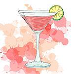 Vector illustration of Cosmopolitan cocktail with watercolor spots