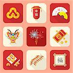 vector colored flat style traditional chinese new year icons set feng shui coins lantern fans dragon mask fireworks firecrackers bamboo frame fortune cookies red envelope coins