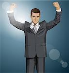 Vector happy businessman with hands up, celebrating his victory