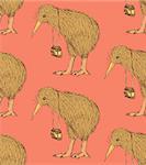 Sketch fancy kiwi bird in vintage style, vector seamless pattern