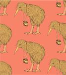 Sketch fancy kiwi bird in vintage style, vector seamless pattern