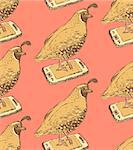 Sketch fancy quail in vintage style, vector seamless pattern