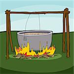 Cartoon of large pot with soup boiling over campfire