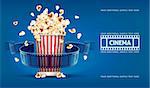 Popcorn for movie theater and cinema reel on blue background. Eps10 vector illustration